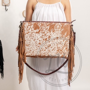 Unique Western Style Tooled Hair On Hide Fur Leather Fringe <b>Tote</b> Bag Women Embossed Color Print Fur Leather Vintage Underarm Bag - Product Image 3