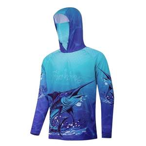 Vêtements de pêche performants OEM personnalisés, imperméables, UPF 50, en Spandex/Polyester, avec motif sublimé, Hoodie de pêche en jersey avec protection intégrée pour le visage - Product Image 1