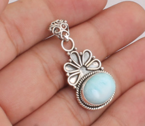 Pendentif en Larimar Naturel, Argent Sterling 925, Bijoux Artisanaux Vintage, Vente en Gros, Pendentif Antique en Pierre Précieuse Pectolite Bleue Rare - Product Image 1