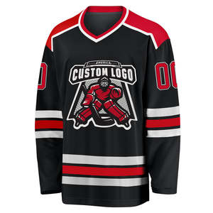 Customized Men's Ice Hockey Uniform - Black <b>Red</b> White Stripe Hockey Jersey With Stitched Embroidered Custom Team Logo - Product Image 5