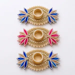 Oval Gold <b>Candle</b> Stand with Pearl Trim and Blue <b>Pink</b> Floral Design Handmade Home Decoration Decorative tealight <b>holder</b> - Product Image 3