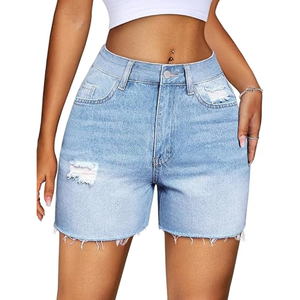 Women's <b>Stretch</b> <b>Denim</b> Shorts High Waist Raw Hem Long Cutoff Mom Fit Summer Jorts Made in Bangladesh Factory - Product Image 2