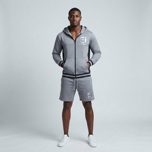 Custom Logo Unisex Gym Hoodie and <b>Shorts</b> Set <b>Zip</b>-Up Fleece Jogging Suit 2-Piece Breathable 100% Cotton Athleisure Training Wear - Product Image 3