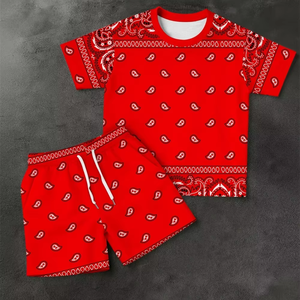 Mens 2-Piece Knitted Polyester/Cotton T-Shirt Set Slim Fit Casual Summer Crew Neck Digital Printing 220-240 Grams Fabric Weight - Product Image 1