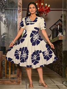 Vestido de algodón floral azul marino y blanco para mujer, manga abullonada, cuello en V, largo hasta la rodilla, línea A, ropa informal - Product Image 4