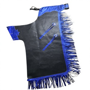 Chaps de Rodeo Style Western en Cuir de Vachette Taille Haute à Motif Géométrique Noir avec Bordure à Pompons Bleu Métallisé pour l'Équitation - Product Image 1