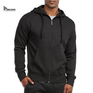 <b>Men's</b> Full Zip Hoodie 100% Cotton French Terry Solid Black Casual Regular Fit Autumn Hooded Sweatshirt For <b>Men</b> - Product Image 1