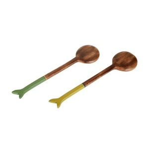 Ensemble de 2 cuillères en bois écologiques avec manches en forme de queue de poisson vertes, lavables au lave-vaisselle et légères, ustensiles de cuisine naturels - Product Image 6