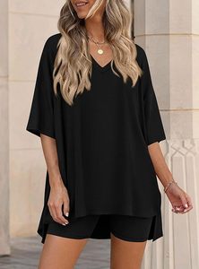 Conjunto de 2 piezas de punto negro con cuello en V y manga corta para mujer, estilo urbano, corte regular, casual, para primavera y verano, color liso, para uso diario con abertura. - Product Image 4