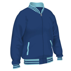 Chaqueta Varsity Azul para Hombre con Ribete Azul Claro, Cierre de Cremallera, Bolsillos Delanteros, Estilo Preppy, Corte Regular, Invierno, Vintage - Product Image 1