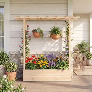 Bac à légumes surélevé en bois de sapin avec treillis latéral 109,22 x 35,56 x 114,30 cm, jardinière naturelle avec pot d'arrosage et trous de drainage - Product Image 6