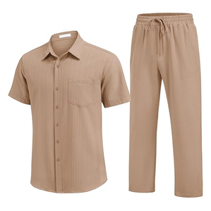 Ensemble décontracté d'été 2 pièces : chemise texturée à manches courtes boutonnée et pantalon à taille élastique avec cordon de serrage |   Fournisseur d'ensembles décontractés - Product Image 2