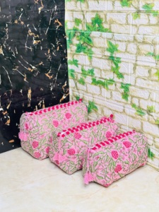 Elegant Floral Print 3-Piece Cosmetic <b>Bag</b> Set Handmade <b>Quilted</b> Cotton Toiletry Pouch Zipper Chains Travel Accessories Organizer - Product Image 1