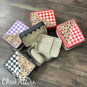 Travel Portable Jewelry <b>Boxes</b> Checkered Leather Storage Organizer Earring Holder Organizer <b>Tooling</b> Cowhide Leather Jewelry Case - Product Image 1