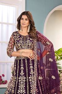 Tenue ethnique traditionnelle indienne pour Diwali, en tissu filet papillon, avec broderie lourde, travail de codage de sequins et motifs, Lehenga Choli Dupatta - Product Image 2