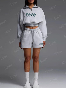 Conjunto de Dos Piezas para Mujer, Top de Manga Corta y Pantalones Cortos, Verano, 100% Algodón, Color Liso, Casual, Cuello en V, Estilo Urbano - Product Image 3