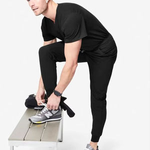 Ensemble de blouses médicales noires pour hommes, haut à manches courtes avec poche, pantalon à cordon de serrage, uniformes d'hôpital, coton et polyester tricoté - Product Image 4