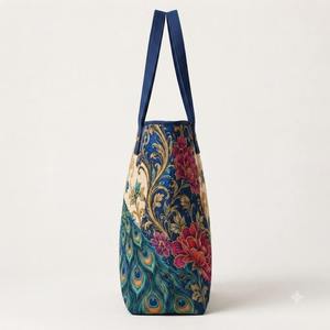 Peacock Royal Floral Printed Cotton Canvas <b>Tote</b> <b>Bag</b> <b>Vintage</b> Large Capacity Women Shoulder Handbag Eco Friendly Reusable Shopping - Product Image 4
