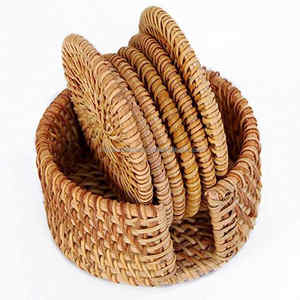 Posavasos de mimbre redondos de estilo bohemio de lujo, conjunto de alfombrilla/almohadilla de patrón cuadrado de cabaña costera moderna ecológica, diseño clásico tejido a mano - Product Image 1