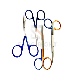 Tijeras profesionales de iris de 4.5 pulgadas con punta afilada, cuchillas rectas y curvas, mango codificado por colores, herramienta quirúrgica alemana, Blush Surgical CE - Product Image 1