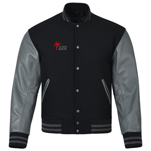 Veste varsity en cuir noir pour homme avec manches en cuir gris, col montant, décontractée, grande taille, pour l'automne - Product Image 1