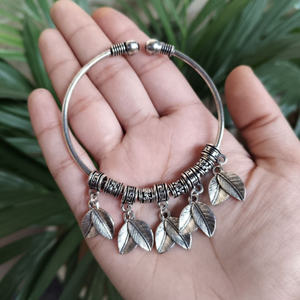 Oxidized Silver <b>Boho</b> Bangle with Leaf Charms - Ethnic Tribal Style Jewelry - Adjustable Women's Statement <b>Bracelet</b> - Product Image 2