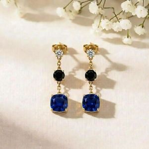 Blue Sapphire Gemstone Earrings With <b>Black</b> Obsidian Drop Cushion Cut Dangle Earrings Fine Jewelry Gift For Women - Product Image 3