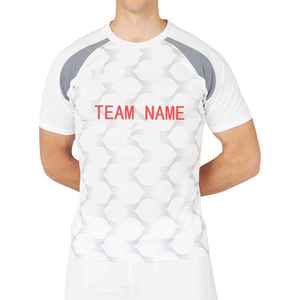 Maillot de football personnalisé pour homme, blanc, sublimation du nom de l'équipe, manches courtes, col rond, polyester respirant, coupe athlétique - Product Image 3