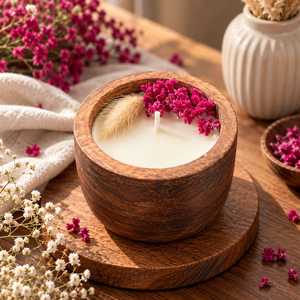 Bougie artisanale en pot de bois avec fleurs séchées naturelles, parfum floral, durée de combustion de 20 à 40 heures, parfum d'ambiance rustique pour la maison, centre de table - Product Image 1