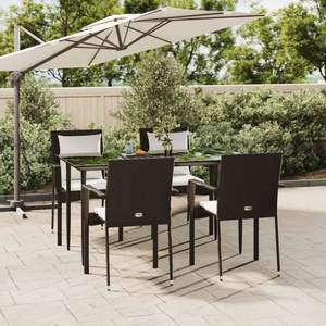 Ensemble de salle à manger de jardin noir avec coussins blanc crème comprenant table et chaises - Product Image 1