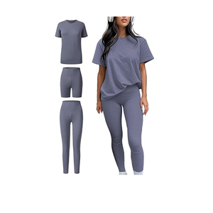 Ensemble sportswear décontracté 3 pièces : pantalon taille haute moulant, pantalon de yoga, haut à manches courtes et col rond - Product Image 1