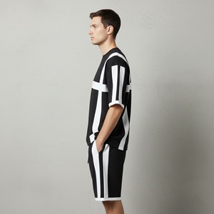 Heavyweight 310GSM Eco-Friendly Quick Dry men's <b>2</b> <b>piece</b> <b>set</b> with <b>white</b> stripes Custom embroidered Logo Loose Fit man short <b>set</b> - Product Image 2