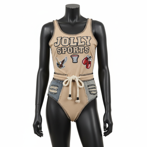 Traje de baño de una pieza para mujer, 200 GSM, poliéster y spandex, tela elástica premium, color beige, con gráfico, logotipo personalizado. - Product Image 5