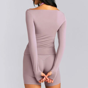 Elastic Tight Women Gym Body Fit Compression Wide Shoulder Yoga Top Summer Casual High Stretch <b>Long</b> Sleeve Sweat Wicking Top - Product Image 2