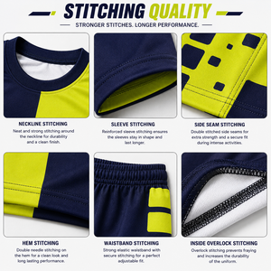 Ensemble maillot et short de football géométrique bleu et jaune pour homme, sublimé, en polyester anti-humidité, coupe athlétique - Product Image 5