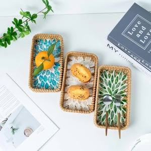 Rectangle Mother Of Pearl Rattan Tray For Aesthetic Family Dining And Vanity Tray For Perfume Bottles <b>Candles</b> Or Jewelry - Product Image 3