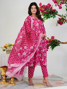 Ensemble de robe longue d'été formelle pour femme, imprimé floral rose, avec kurta à manches longues, pantalon palazzo et châle, tenue décontractée pour soirée - Product Image 2