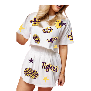 Wholesale Custom Game Day Womens Clothing <b>Sequin</b> Short Set Half Sleeves Spring/Summer Crew Neck Breathable Casual <b>Top</b> and Shorts - Product Image 3