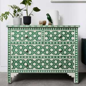 Commode et commode à 6 tiroirs en os incrusté blanc et vert clair de qualité supérieure, décoration de salon, fabriquée en Inde - Product Image 4