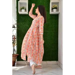 Conjunto de Kurta de Algodón Transpirable con Estampado Floral para Mujer en Naranja Brillante, Talla XS - Product Image 1