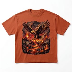 T-shirt Éruption volcanique de l'aigle volcanique |   T-shirt en coton épais 240 GSM Orange Terre Cuite avec motif oiseau en vol Lava Art - Product Image 1