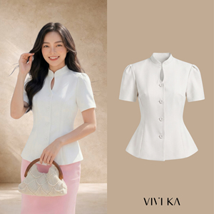 Blusa Elegante Blanca para Mujer, Cuello Mandarín, Manga Corta, Peplum, Botones, Color Sólido, Primavera/Verano, DORIS - Product Image 1