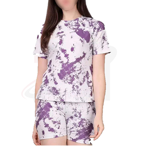 Conjunto de Camiseta de Manga Corta con Cuello Redondo y Estampado Tie Dye Morado y Blanco para Mujer, Estilo Casual, Tejido de Punto de Secado Rápido, para Primavera y Verano - Product Image 1