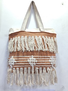 Bohemian Striped Canvas <b>Tote</b> <b>Bag</b> <b>With</b> Fringe Top Two Handles Open Closure For Shopping All Seasons Handmade woven <b>tote</b> <b>bag</b> - Product Image 2