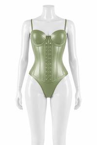 Womens Olibe Green Fauz Leather One Piece Corset Bodysuit with Underwire Full Cup and <b>Adjustable</b> <b>Strap</b> - Product Image 5