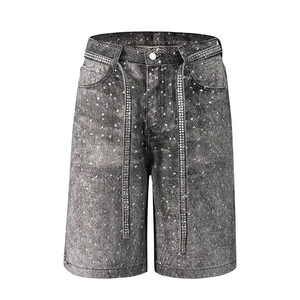 Rhinestones Man Denim Shorts Jorts Streetwear Double <b>Knee</b> <b>Patch</b> Men Denim Shorts Washed Bleach Distressed Denim Shorts - Product Image 1