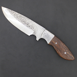 Cuchillo de caza de hoja fija de acero inoxidable grabado con mango de madera y funda de cuero, diseño de punta caída - Product Image 2