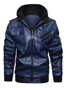 เสื้อแจ็คเก็ตบอมเบอร์มีฮู้ดสีน้ำเงินสำหรับผู้ชาย - Product Image 1