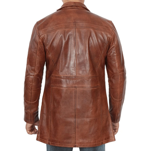 <b>Men's</b> Brown Genuine <b>Leather</b> <b>Long</b> <b>Coat</b> Turn-down Collar Single Breasted Casual Autumn Jacket - Product Image 2