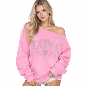 Custom Rhinestone Printed <b>Off</b> <b>Shoulder</b> Sweatshirt Oversized Women Causal Winter Wear <b>Top</b> Cotton Fleece Collarless Tee <b>Top</b> - Product Image 2